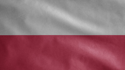 Polish flag waving in the wind. Close up of Poland banner blowing soft silk.