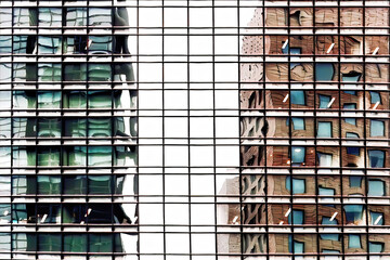 Architectural buildings reflected and distorted by a wall of windows. Warm and cool tones with space for text.