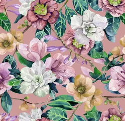 Schilderijen op glas Geschilderde Bloemen Subtropical flowers. Seamless pattern with azalea, magnolia, camellia and quince painted in watercolor  © Арина Трапезникова