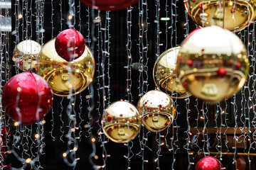 Background of large balls of red and gold color. Festive background.