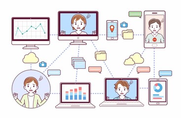 色々なツールを使って会議をする人々