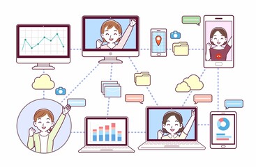 色々なツールを使って会議をする人々