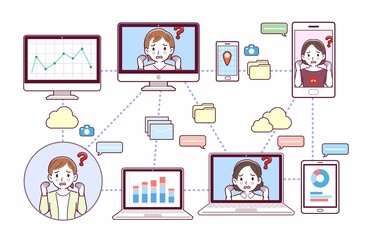 色々なツールを使って会議をする人々