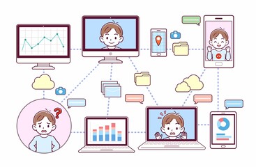 色々なツールを使って会議をする人々