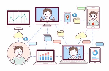 色々なツールを使って会議をする人々