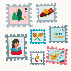 Set of postage stamps with drawings in Mexican style. Sombrero, marocas, cactus, tequila, pepper, hand drawn. Use for packaging, wallpaper, poster, room interior decor,  postcard, concept, clipart