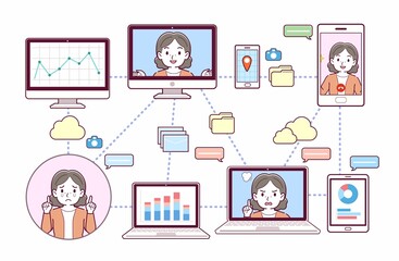 色々なツールを使って会議をする人々