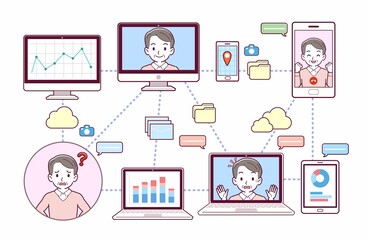 色々なツールを使って会議をする人々