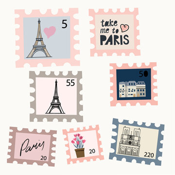 Set of postage stamps with drawings of Paris. Eiffel Tower,  hand drawn. Use for packaging, wallpaper, poster, room interior decor,  postcard, concept, clipart, vector