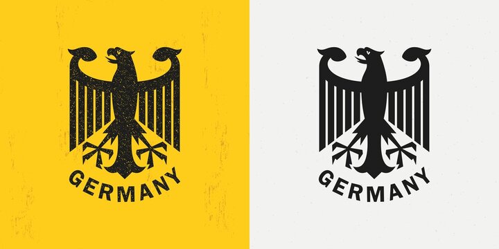 Set of color illustrations of an eagle, text on a background with a grunge texture. Vector illustration in vintage style for poster, print, emblem, badge. Heraldry of Germany.