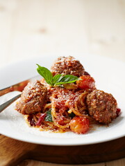SPAGHETTI SPICY PORK BALL with MINT LEAVES