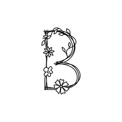 Vintage floral bold Letter B logo spring. Classic Summer Letter Design Vectors with Black Color and Floral Hand Drawn with monoline line flowers