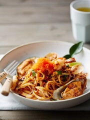 SPAGHETTI TOMYUM SEAFOOD Seafood-Spa Parma Ham Carbo