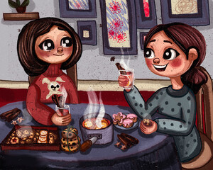 Cute illustration. Pleasant gatherings of two friends, with mulled wine and sweets pleasing life.