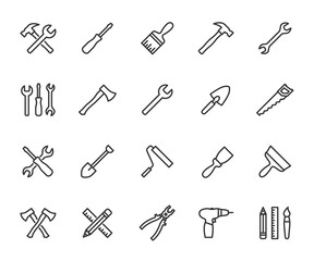 Vector set of tools line icons. Contains icons hammer, wrench, screwdriver, axe, paint brush, putty knife, drill, pliers and more. Pixel perfect.
