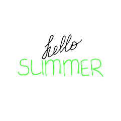 Vector lettering hand drawning phrase Hello summer, black and green on the white background with sun, for card, poster, banner and design 