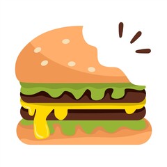 Vector illustration of bitten hamburger filled with cooked meat and cheese, business and restaurant themes, suitable for advertising food products.