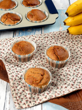 Homemade sugar-free banana muffins. Healthy toddler food