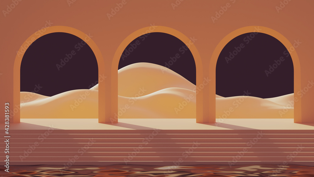 Wall mural 3d mock up mid century style podium with abstract minimalistic arches on water and mountain landscap