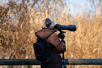 Bird photographer take photos with a camera and telephoto