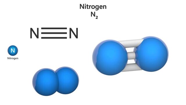 Nitrogen (N2) is a chemical element with symbol N and atomic number 7. Chemical structure model: Ball and Stick + Space-Filling. 3D render. Seamless loop. Isolated on white background.