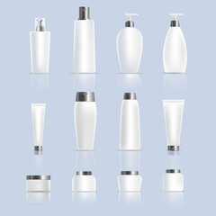 Set of different bottles, jars and tubes of cosmetic products isolated on blue background. Packaging for natural organic cosmetics, products for skincare, and spa treatments. Beauty products concept.