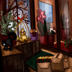 Digital illustration.Balcony and household items of life, as well as pets that build their lives day after day.