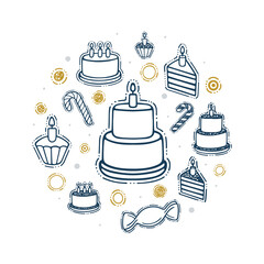 Cake with candles doodle drawing graphics. Birthday background with different hand drawn cakes, candles, sweets, candies, confetti and other holiday symbols. Part of set.