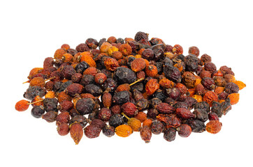 Bunch of dried rose hips isolated on white background.