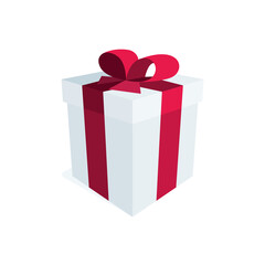 Gift box. Cartoon style drawing gift box symbol. White gift box with red ribbon. Part of set.