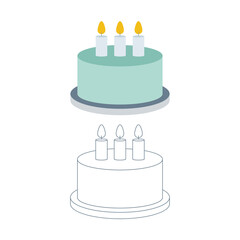 Cake with candles. Birthday cake with burned candles flat and outline isometric icons. Part of set.