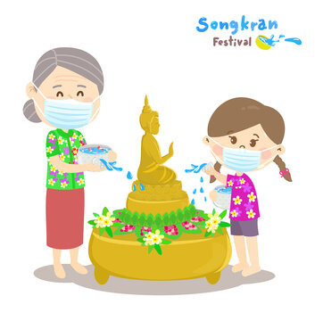 Cartoon family in Songkran Festival vector