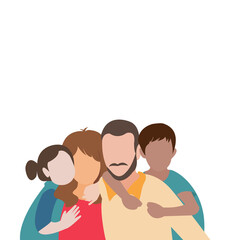 Cartoon character of no face happy family together: Daughter hug mother,son holding the back father. Happy international family with kids -family health and wellness -modern.Vector isolate flat design