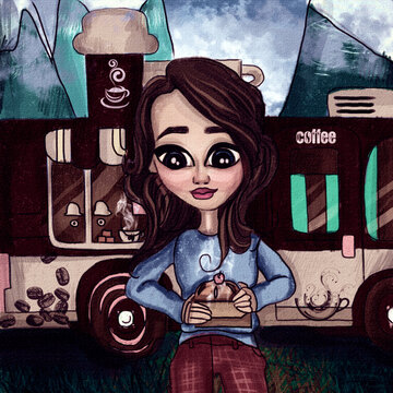 Cute girl with a bus of coffee and donuts. A cute illustration.