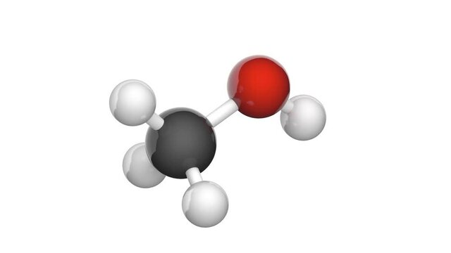 Methanol, also known as methyl alcohol among others, is a chemical with the formula CH3OH (MeOH). Chemical structure model: Ball and Stick. 3D render. Seamless loop.