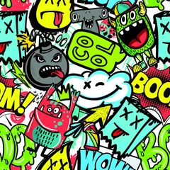 Foto op Plexiglas hand drawn pattern with monsters for boys. Slogans, graffiti background. For children's textiles, wrapping paper, prints  © SokolArtStudio
