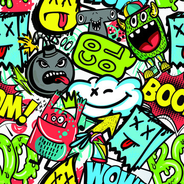 hand drawn pattern with monsters for boys. Slogans, graffiti background. For children's textiles, wrapping paper, prints
