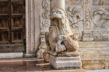 Architectural fragments of Basilica di San Zeno Maggiore facade in Verona. Basilica di San Zeno Maggiore - most important medieval church in Verona, founded in V century. Verona, Italy.