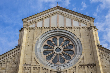 Architectural fragments of Basilica di San Zeno Maggiore facade in Verona. Basilica di San Zeno Maggiore - most important medieval church in Verona, founded in V century. Verona, Italy.