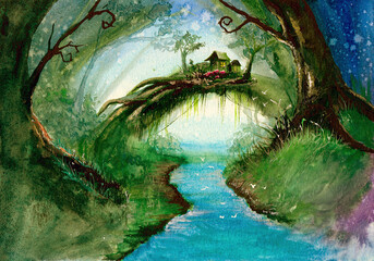 Waterverfbeeld van een sprookjesbos, met rivier en klein huis met tuin