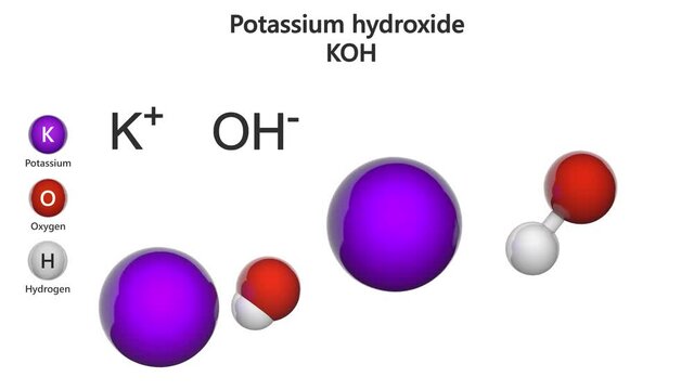 Potassium hydroxide is an inorganic compound with the formula KOH or HKO. It is commonly called caustic potash. Chemical structure model: Ball and Stick + Space-Filling. 3D render. Seamless loop.