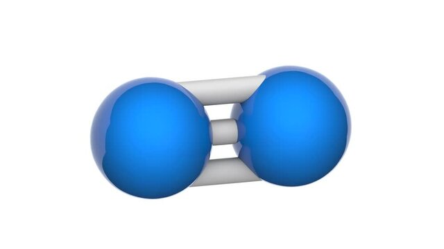 Nitrogen (N2) is a chemical element with symbol N and atomic number 7. Chemical structure model: Ball and Stick . 3D render. Seamless loop. Isolated on white background.