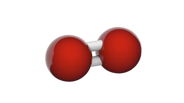 Oxygen is a chemical element with symbol O and atomic number 8. Chemical structure model: Ball and Stick. 3D render. Seamless loop. Isolated on white background.