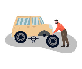 Driver character fixing broken car wheel. Man replaces a  wheel on the car. Flat vector illustration. Isolated white background.