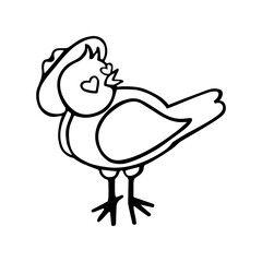 The sparrow boy is in love. A cartoon baby bird in a hat. Heart-shaped eyes. Hand-drawn vector illustration in doodle style. Isolated. A declaration of love. For postcard, sticker for Valentine's Day.