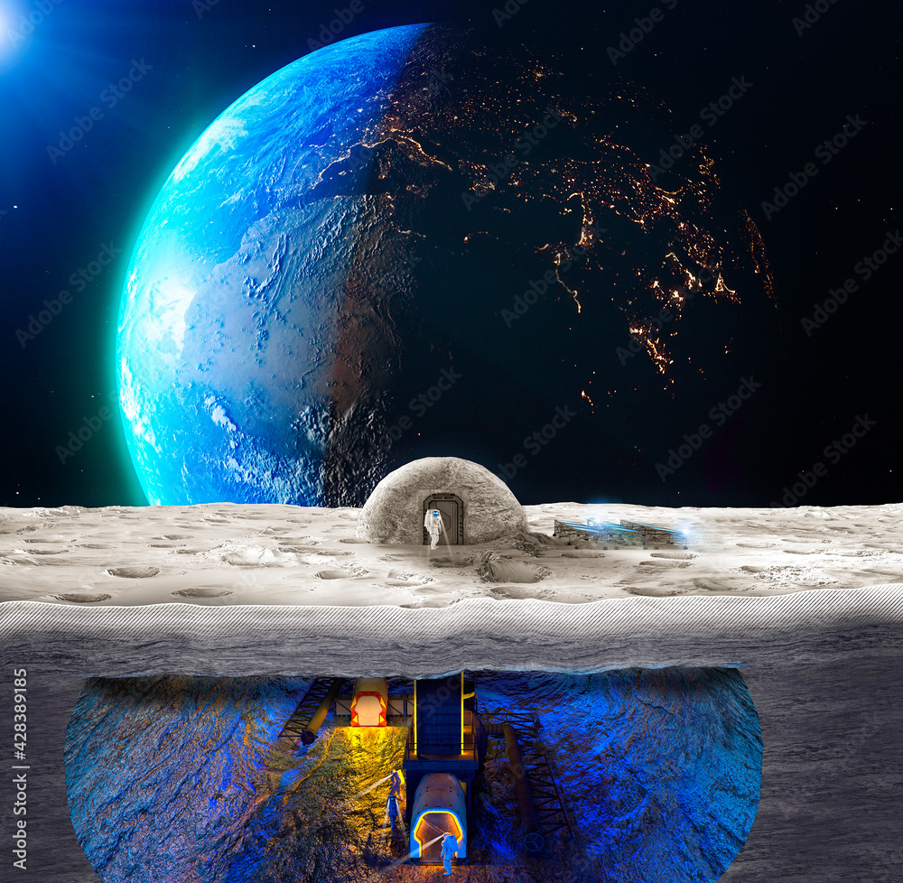 Wall mural lunar base, spatial outpost. first settlement on the moon. space missions. living modules for the co
