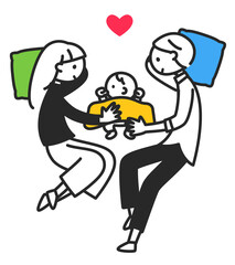 仲良く寝転ぶ3人家族　ちまっとした人物