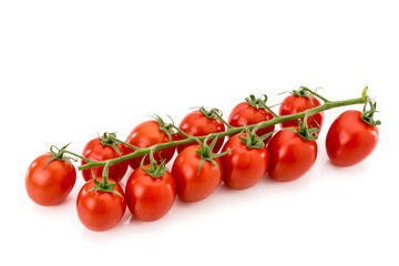 Bunch of Principe Borghese red cherry tomatoes , datterino type isolated on white, copy space