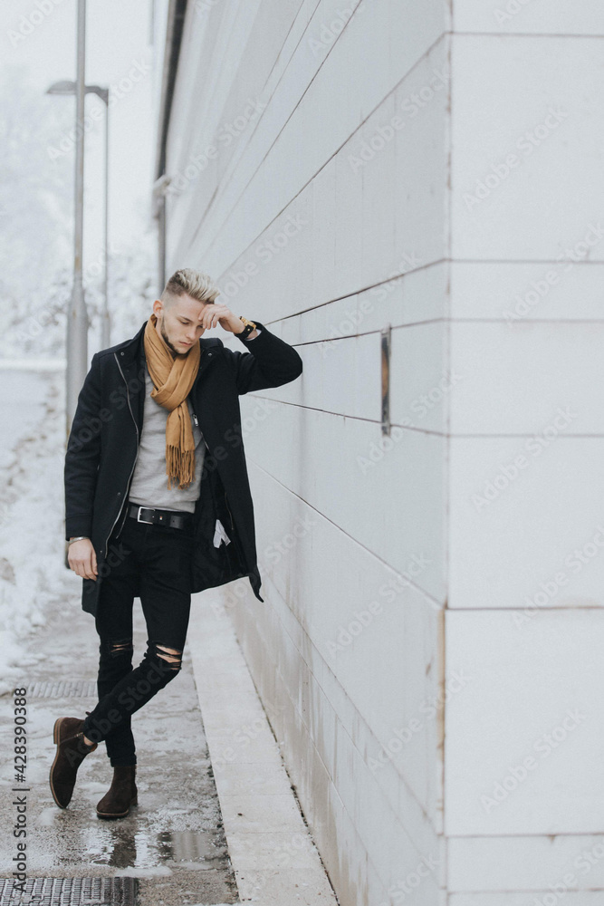 Poster vertical shot of a caucasian stylish male posing outdoors in a snowy city