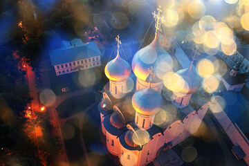 vologda kremlin night, evening panorama landscape, aerial view from drone, architecture russia cathedral and church
